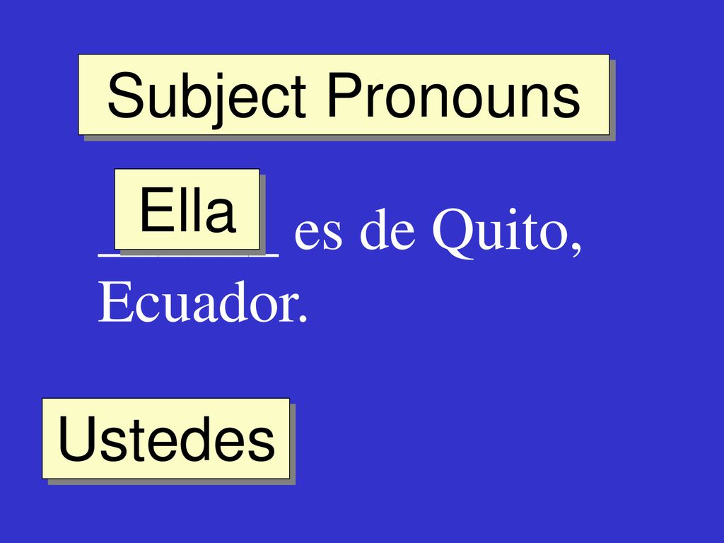 Subject Pronouns Ella ______ es de Quito, Ecuador. Ustedes