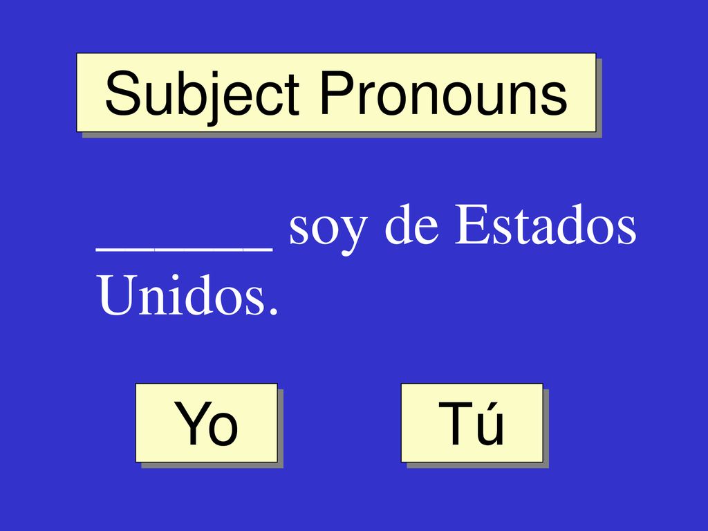 Subject Pronouns ______ soy de Estados Unidos. Yo Tú