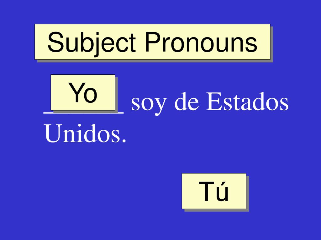 Subject Pronouns Yo ______ soy de Estados Unidos. Tú