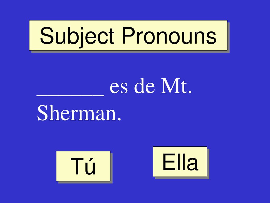 Subject Pronouns ______ es de Mt. Sherman. Ella Tú