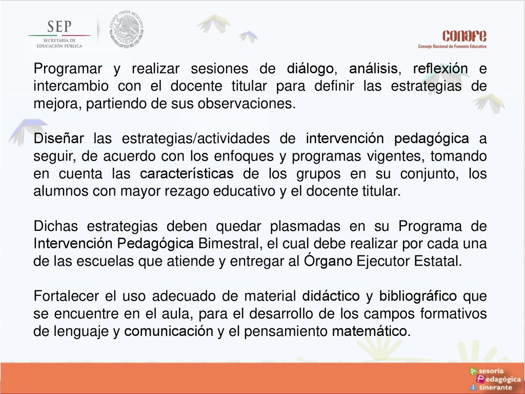 Programar y realizar sesiones de diálogo, análisis, reflexión e intercambio con el docente titular para definir las estrategias de mejora, partiendo de sus observaciones.