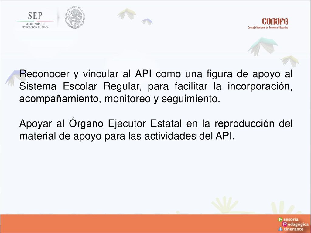 Reconocer y vincular al API como una figura de apoyo al Sistema Escolar Regular, para facilitar la incorporación, acompañamiento, monitoreo y seguimiento.