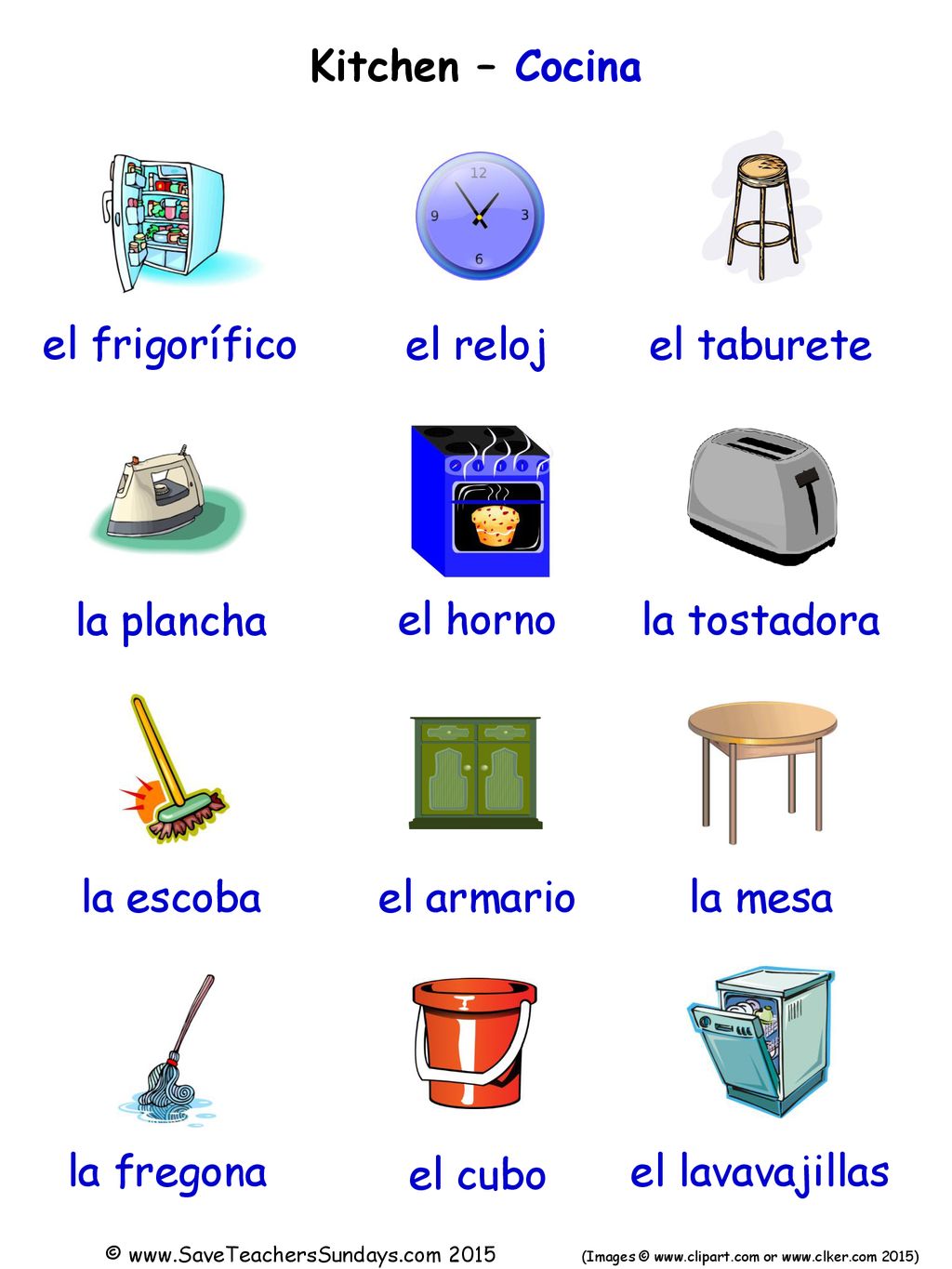 Kitchen – Cocina el frigorífico el reloj el taburete la plancha