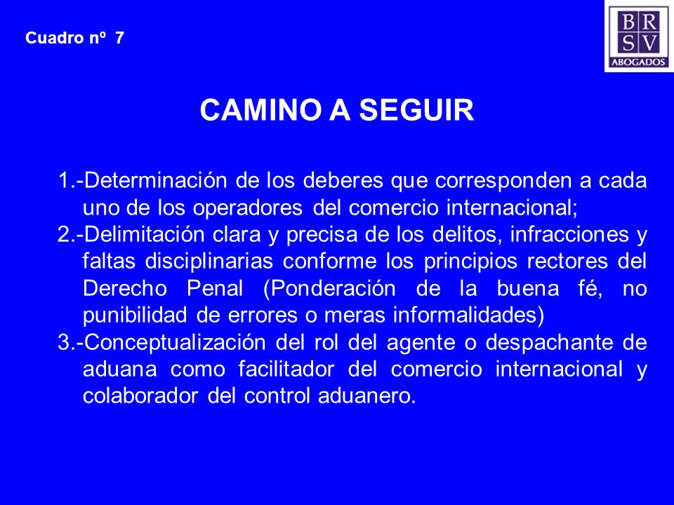 Cuadro nº 7 CAMINO A SEGUIR. 1.-Determinación de los deberes que corresponden a cada uno de los operadores del comercio internacional;