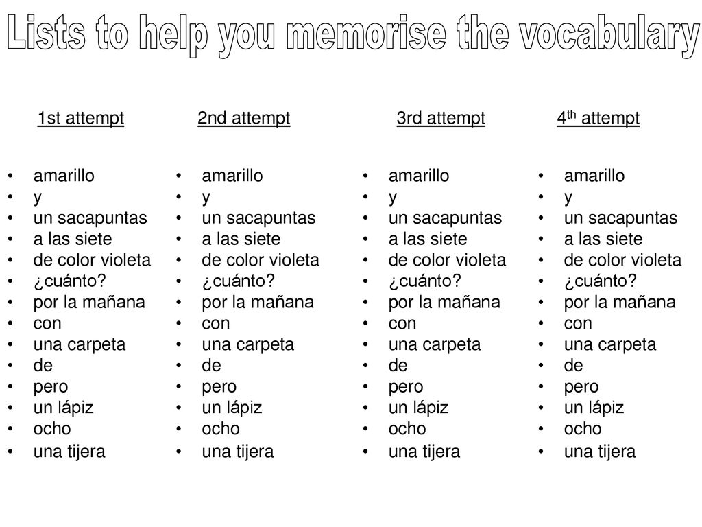 Lists to help you memorise the vocabulary