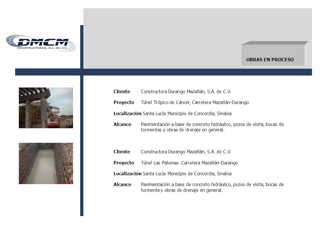 OBRAS EN PROCESO Cliente Constructora Durango Mazatlán, S.A. de C.V. Proyecto Túnel Trópico de Cáncer, Carretera Mazatlán-Durango.