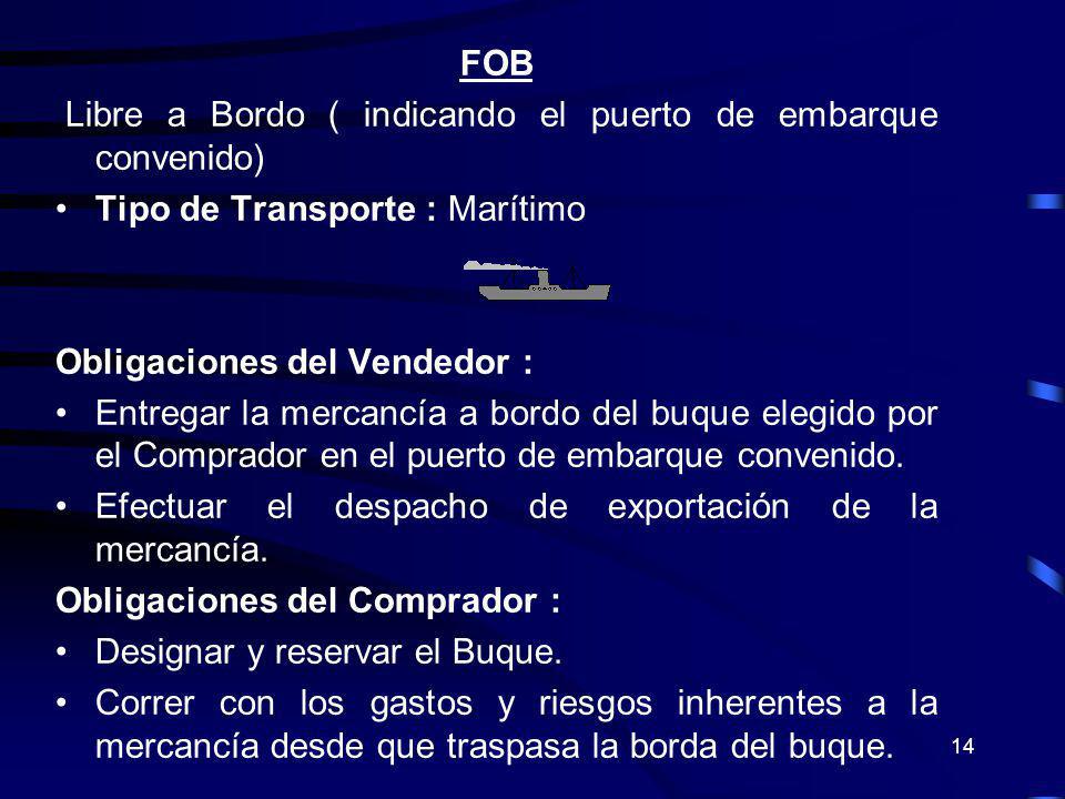 FOB Libre a Bordo ( indicando el puerto de embarque convenido) Tipo de Transporte : Marítimo. Obligaciones del Vendedor :