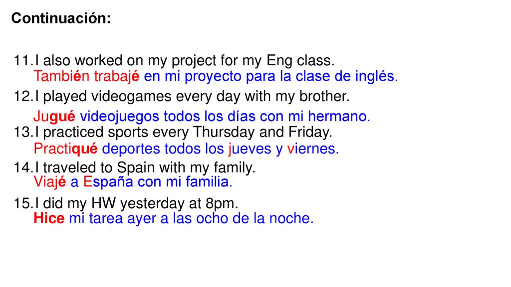 Continuación: I also worked on my project for my Eng class. I played videogames every day with my brother.