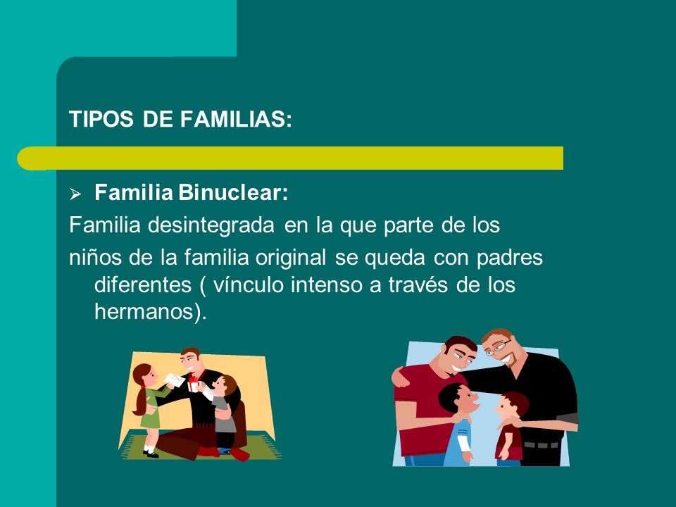 TIPOS DE FAMILIAS: Familia Binuclear: Familia desintegrada en la que parte de los.