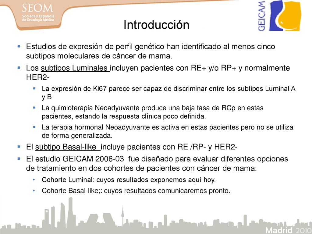 Introducción Estudios de expresión de perfil genético han identificado al menos cinco subtipos moleculares de cáncer de mama.