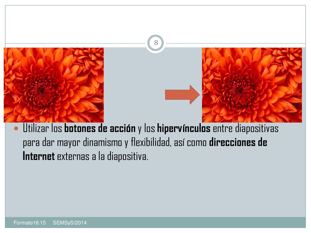 Utilizar los botones de acción y los hipervínculos entre diapositivas para dar mayor dinamismo y flexibilidad, así como direcciones de Internet externas a la diapositiva.