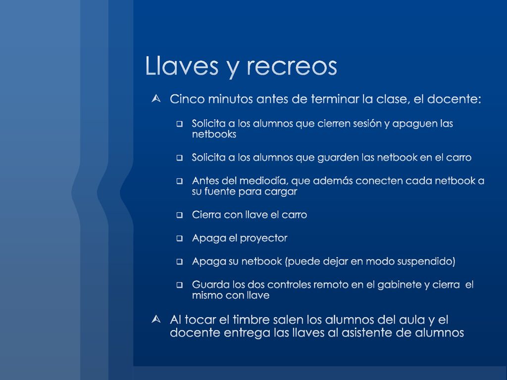 Llaves y recreos Cinco minutos antes de terminar la clase, el docente: