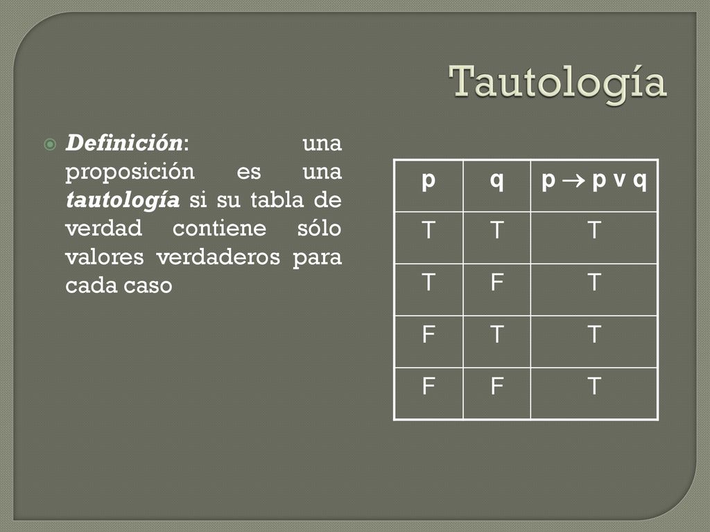 Tautología Definición: una proposición es una tautología si su tabla de verdad contiene sólo valores verdaderos para cada caso.