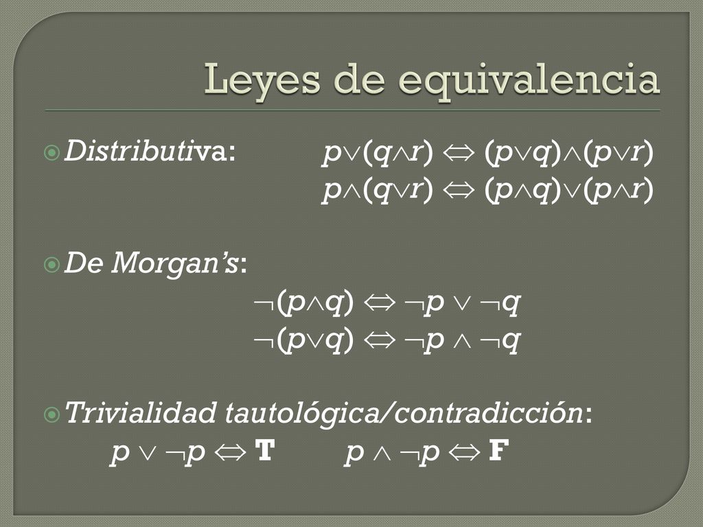 Leyes de equivalencia Distributiva: p(qr)  (pq)(pr) p(qr)  (pq)(pr)