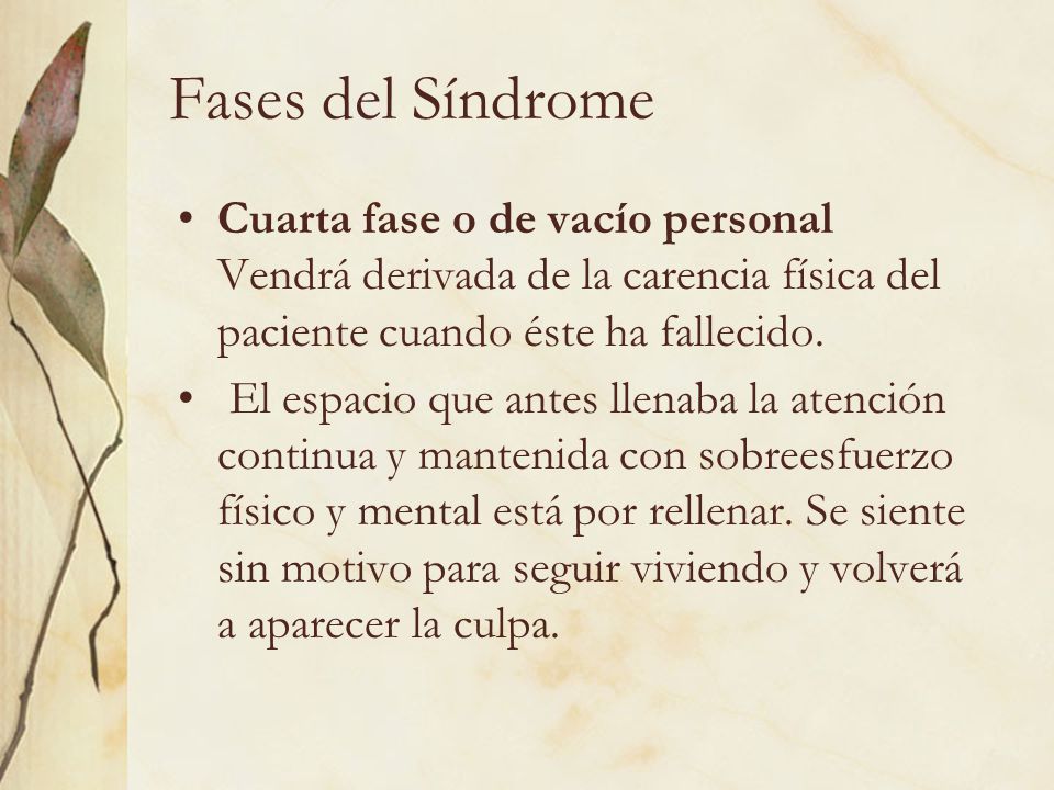 Fases del Síndrome Cuarta fase o de vacío personal Vendrá derivada de la carencia física del paciente cuando éste ha fallecido.