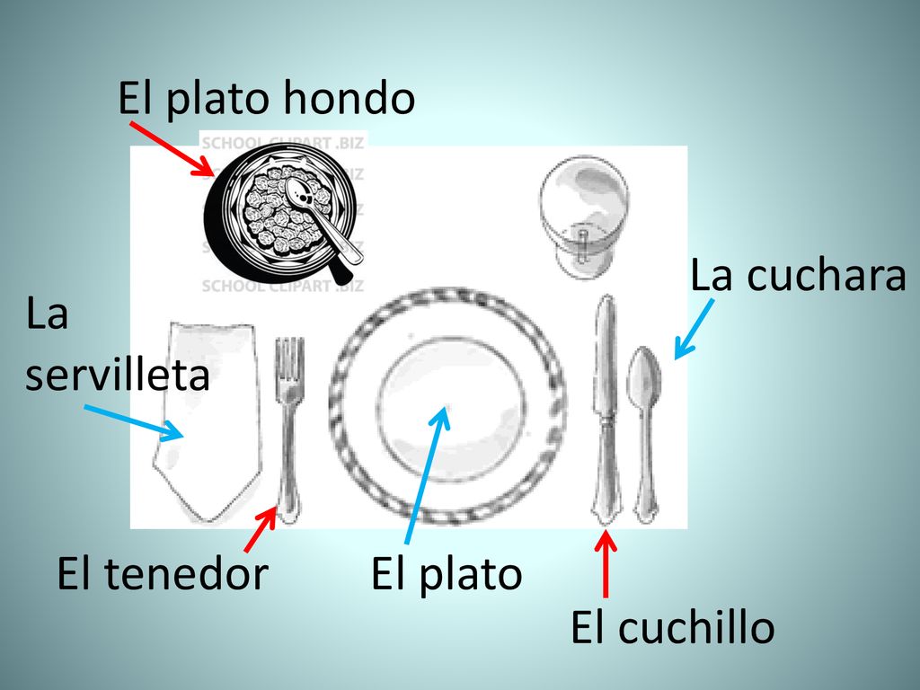 El plato hondo La cuchara La servilleta El tenedor El plato El cuchillo