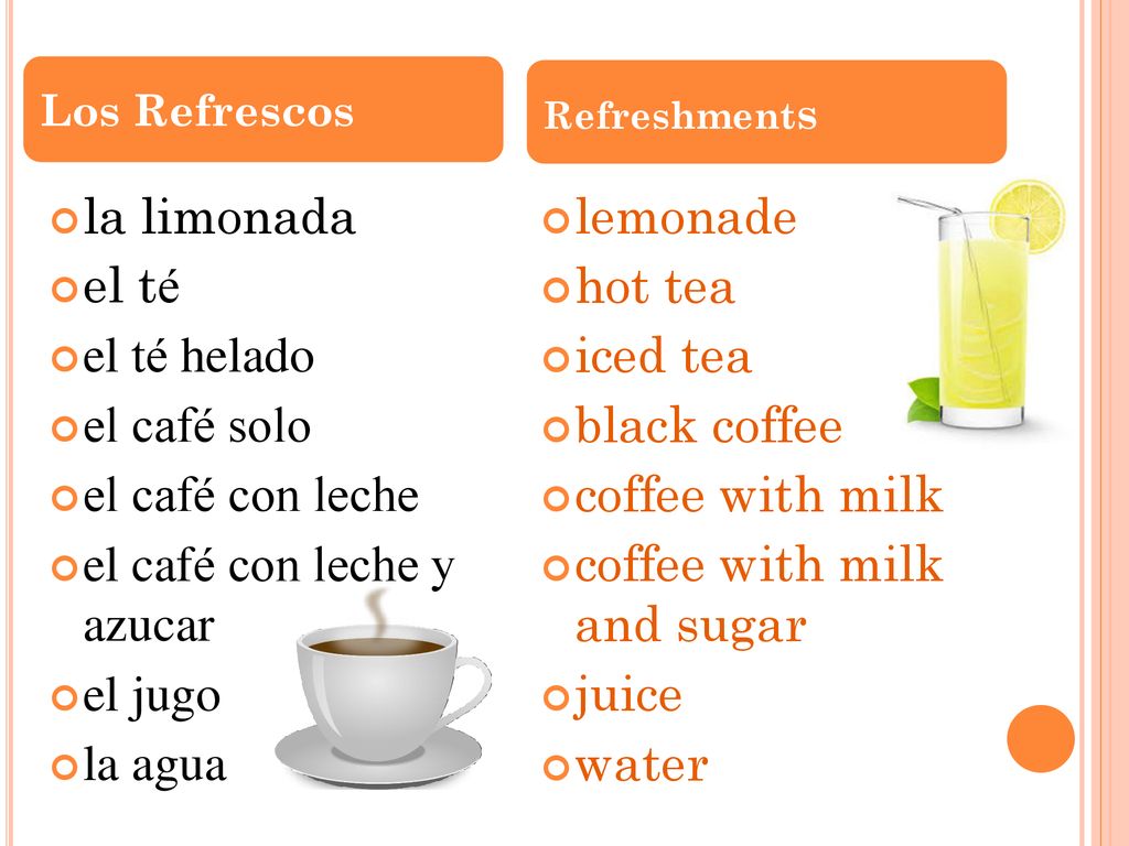 el café con leche y azucar el jugo la agua lemonade hot tea iced tea