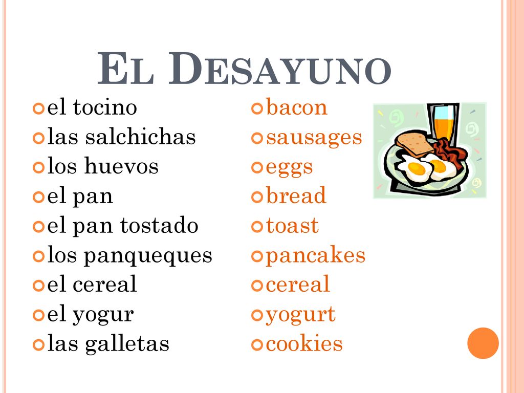 El Desayuno el tocino las salchichas los huevos el pan el pan tostado