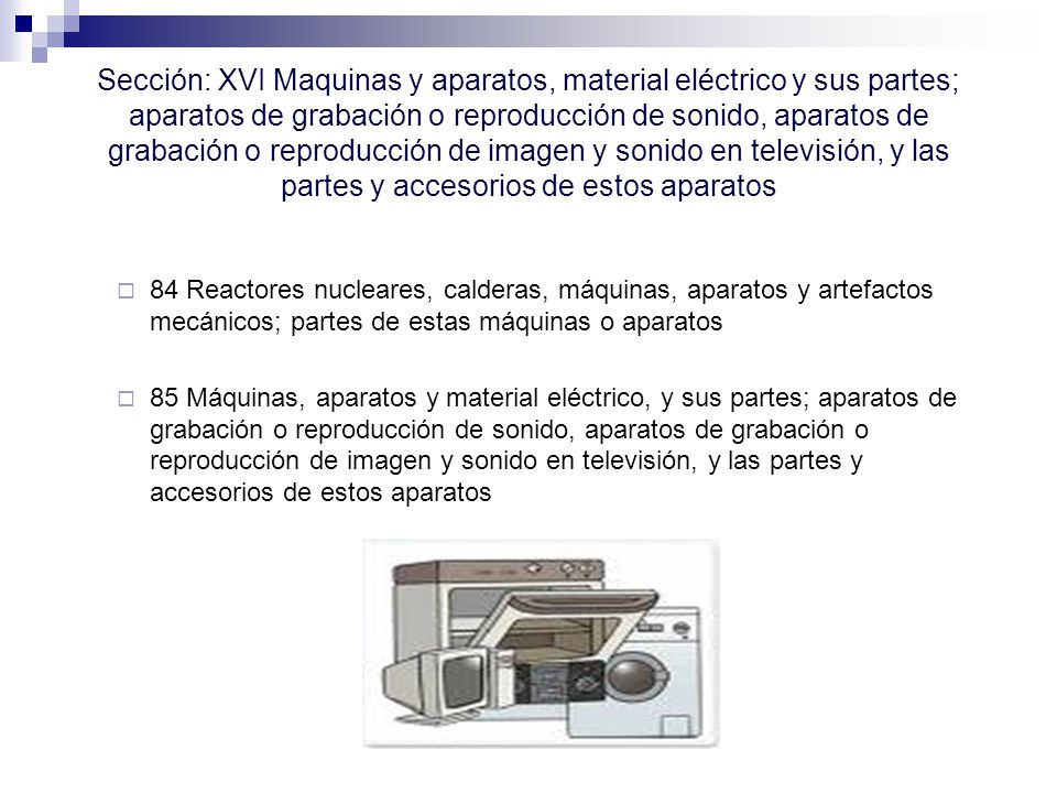 Sección: XVI Maquinas y aparatos, material eléctrico y sus partes; aparatos de grabación o reproducción de sonido, aparatos de grabación o reproducción de imagen y sonido en televisión, y las partes y accesorios de estos aparatos