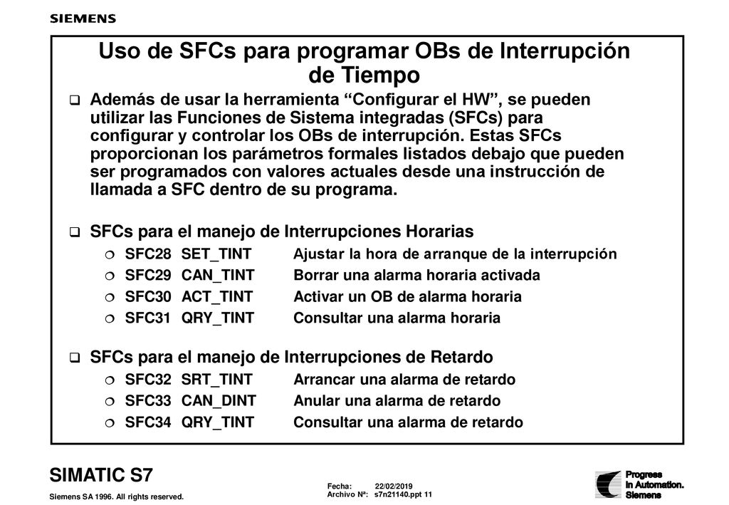 Uso de SFCs para programar OBs de Interrupción de Tiempo