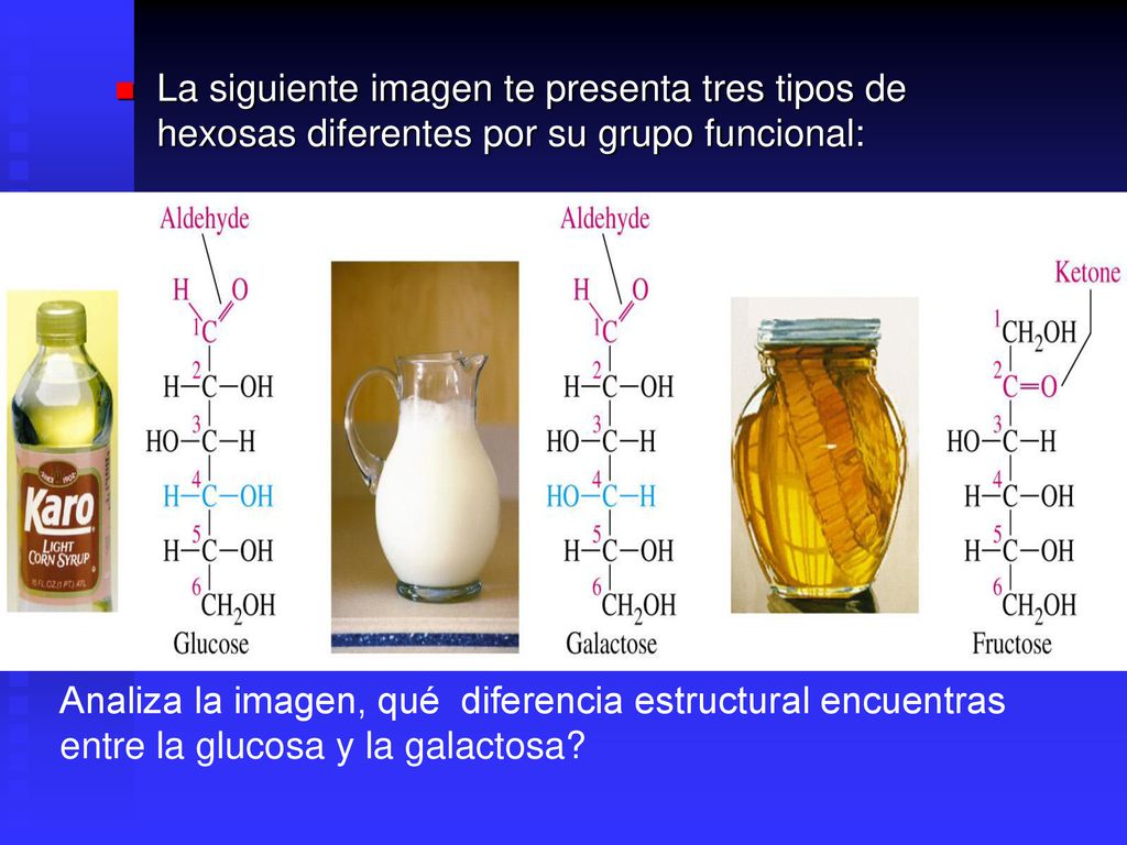 La siguiente imagen te presenta tres tipos de hexosas diferentes por su grupo funcional: