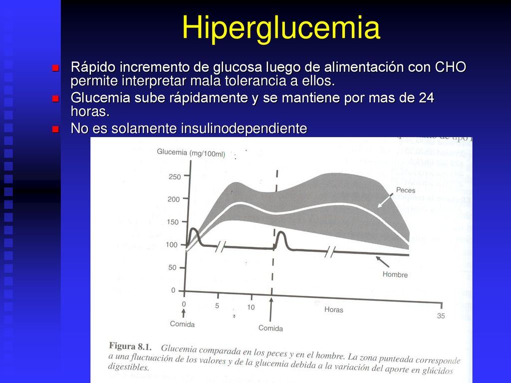 Hiperglucemia Rápido incremento de glucosa luego de alimentación con CHO permite interpretar mala tolerancia a ellos.