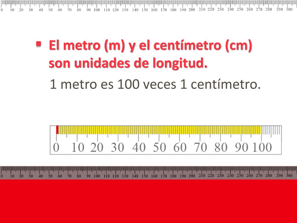 El metro (m) y el centímetro (cm) son unidades de longitud.