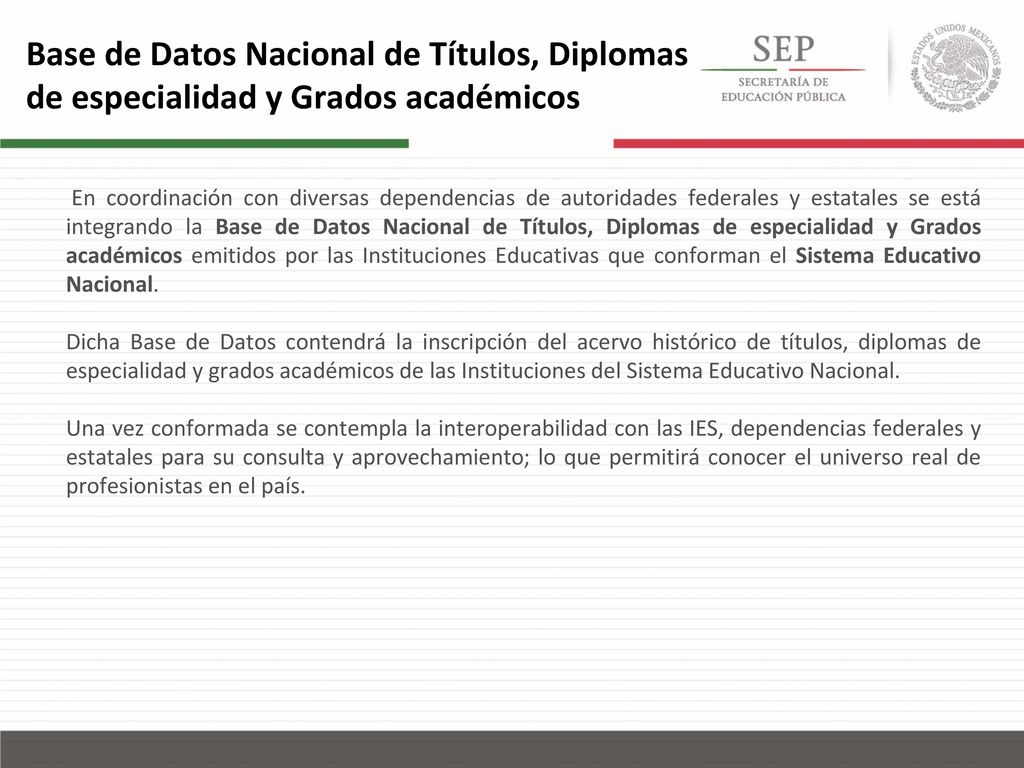 Base de Datos Nacional de Títulos, Diplomas de especialidad y Grados académicos