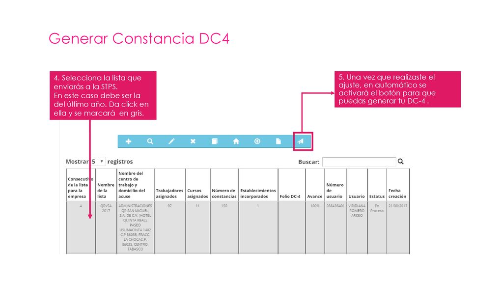Generar Constancia DC4 4. Selecciona la lista que enviarás a la STPS.