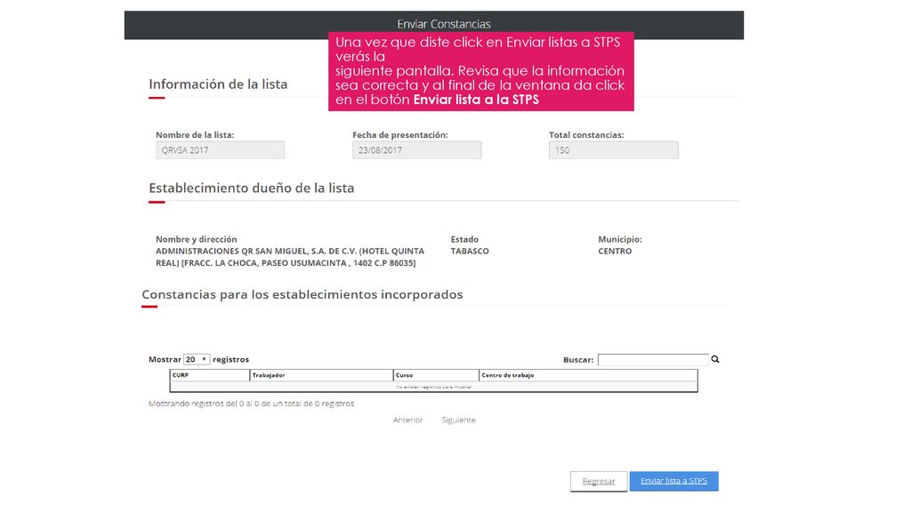 Una vez que diste click en Enviar listas a STPS verás la