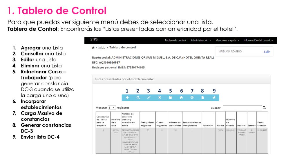1. Tablero de Control Para que puedas ver siguiente menú debes de seleccionar una lista.