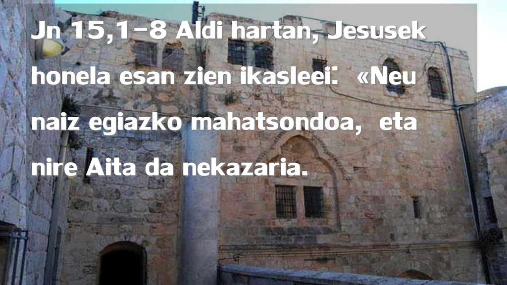 Jn 15,1-8 Aldi hartan, Jesusek honela esan zien ikasleei: «Neu naiz egiazko mahatsondoa, eta nire Aita da nekazaria.