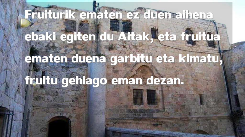 Fruiturik ematen ez duen aihena ebaki egiten du Aitak, eta fruitua ematen duena garbitu eta kimatu, fruitu gehiago eman dezan.