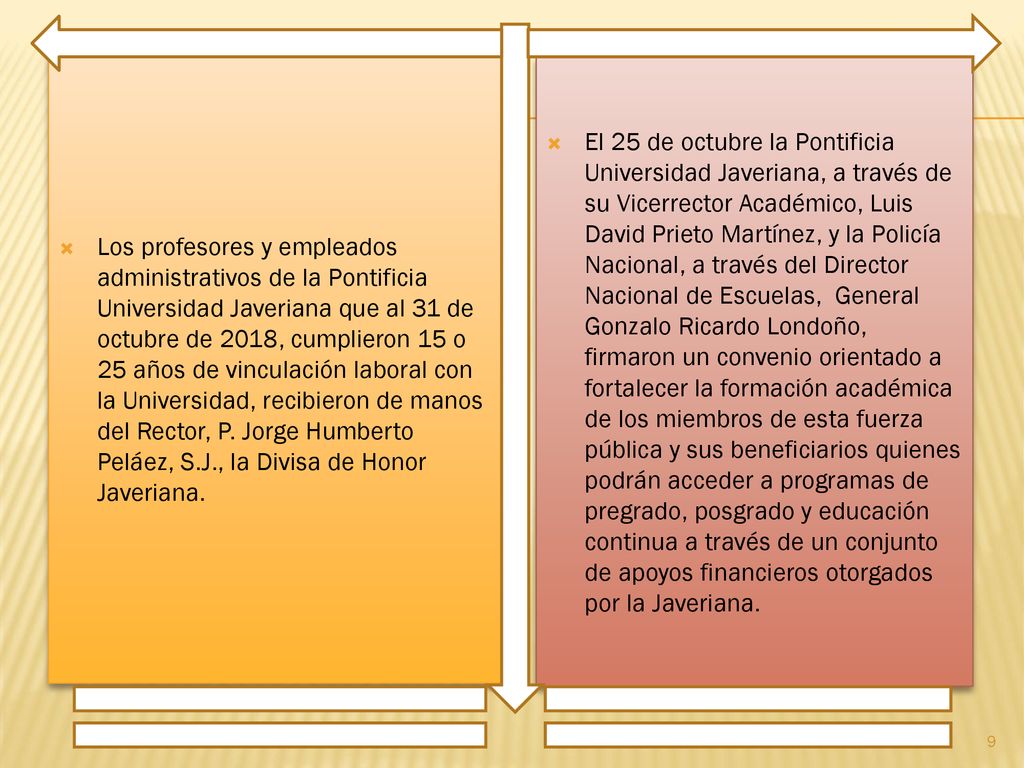Los profesores y empleados administrativos de la Pontificia Universidad Javeriana que al 31 de octubre de 2018, cumplieron 15 o 25 años de vinculación laboral con la Universidad, recibieron de manos del Rector, P. Jorge Humberto Peláez, S.J., la Divisa de Honor Javeriana.