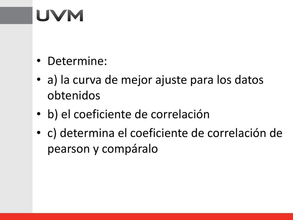 Determine: a) la curva de mejor ajuste para los datos obtenidos. b) el coeficiente de correlación.