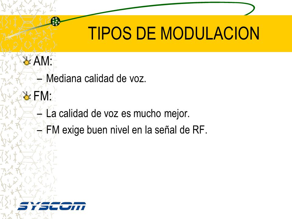 TIPOS DE MODULACION AM: FM: Mediana calidad de voz.
