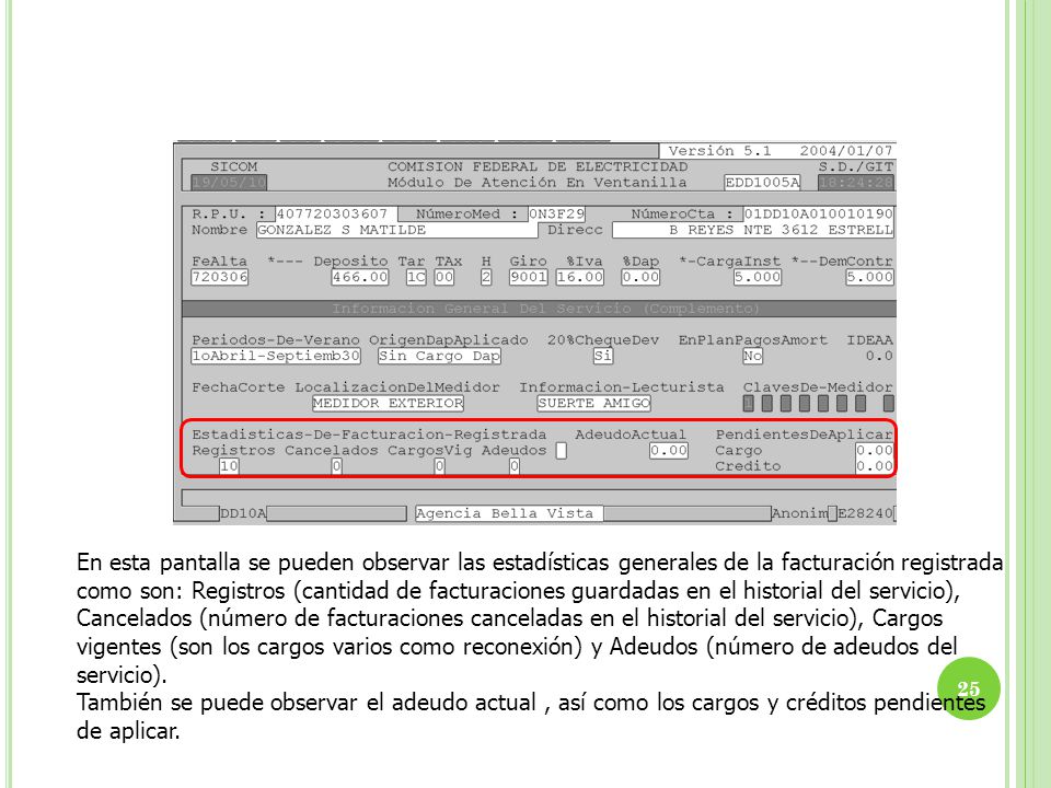 En esta pantalla se pueden observar las estadísticas generales de la facturación registrada como son: Registros (cantidad de facturaciones guardadas en el historial del servicio), Cancelados (número de facturaciones canceladas en el historial del servicio), Cargos vigentes (son los cargos varios como reconexión) y Adeudos (número de adeudos del servicio).
