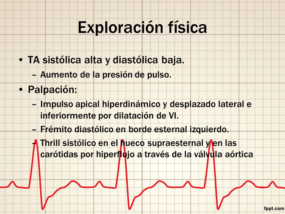 Exploración física TA sistólica alta y diastólica baja. Palpación: