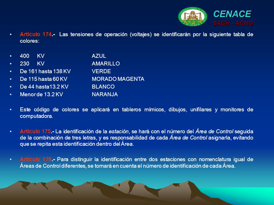 CENACE SACH - ACNO. Artículo Las tensiones de operación (voltajes) se identificarán por la siguiente tabla de colores: