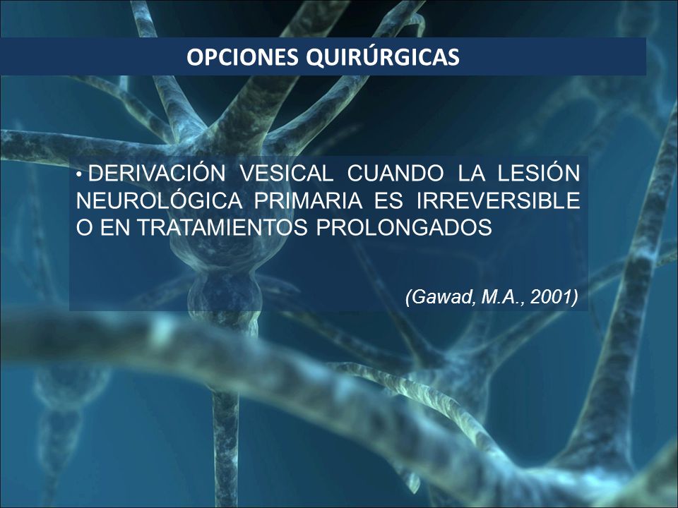 OPCIONES QUIRÚRGICAS DERIVACIÓN VESICAL CUANDO LA LESIÓN NEUROLÓGICA PRIMARIA ES IRREVERSIBLE O EN TRATAMIENTOS PROLONGADOS.