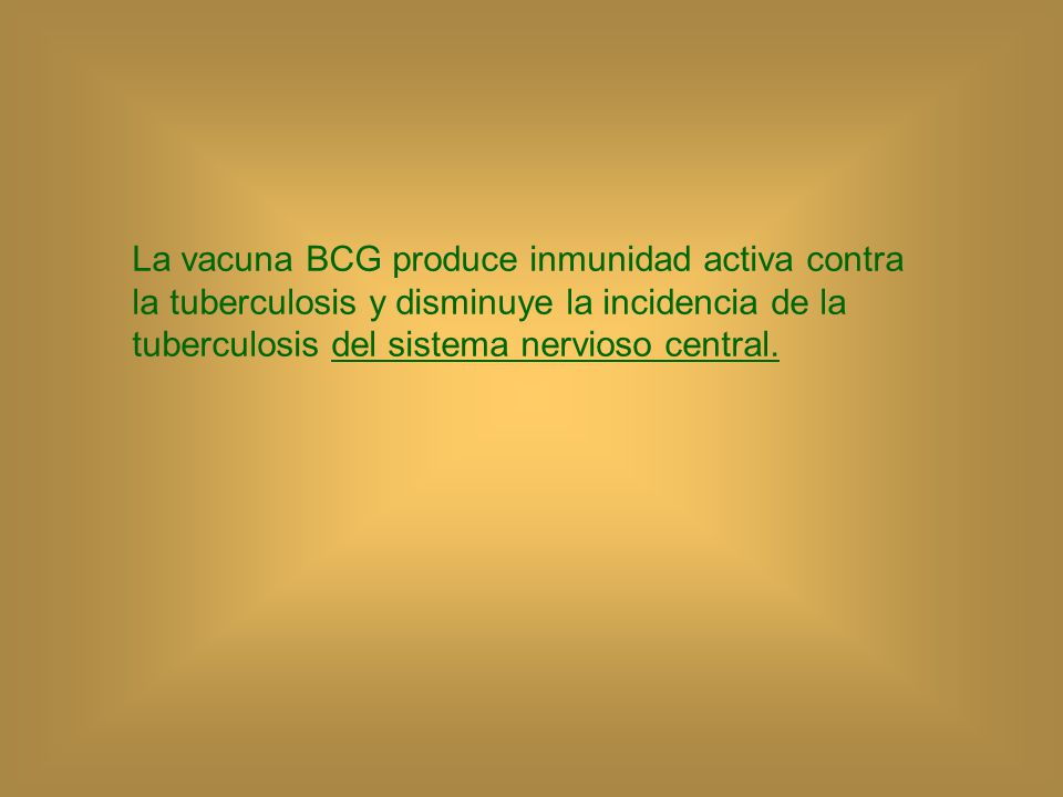 La vacuna BCG produce inmunidad activa contra la tuberculosis y disminuye la incidencia de la tuberculosis del sistema nervioso central.