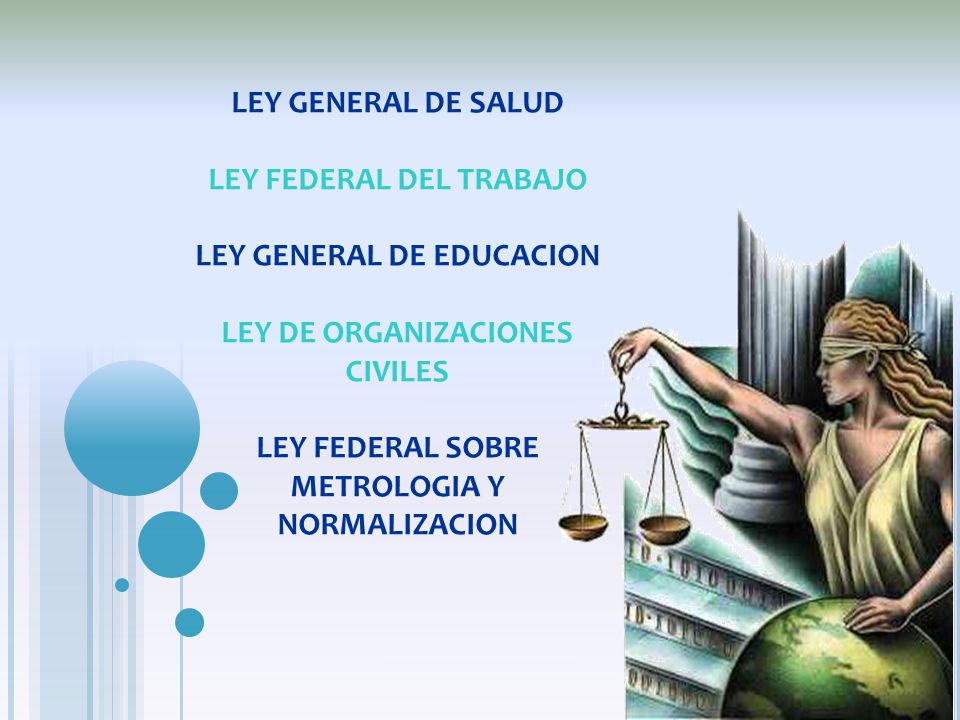 LEY GENERAL DE SALUD LEY FEDERAL DEL TRABAJO LEY GENERAL DE EDUCACION LEY DE ORGANIZACIONES CIVILES LEY FEDERAL SOBRE METROLOGIA Y NORMALIZACION
