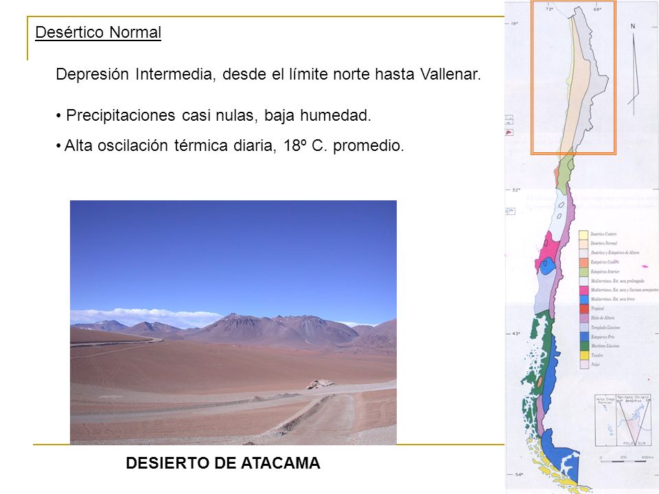 Desértico Normal Depresión Intermedia, desde el límite norte hasta Vallenar. Precipitaciones casi nulas, baja humedad.