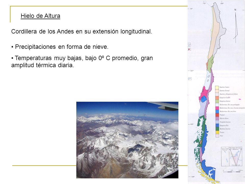 Hielo de Altura Cordillera de los Andes en su extensión longitudinal. Precipitaciones en forma de nieve.