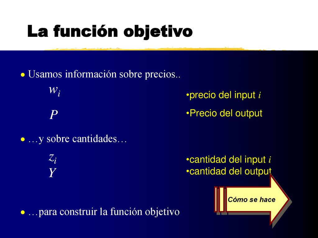 La función objetivo P zi Y Usamos información sobre precios.. wi
