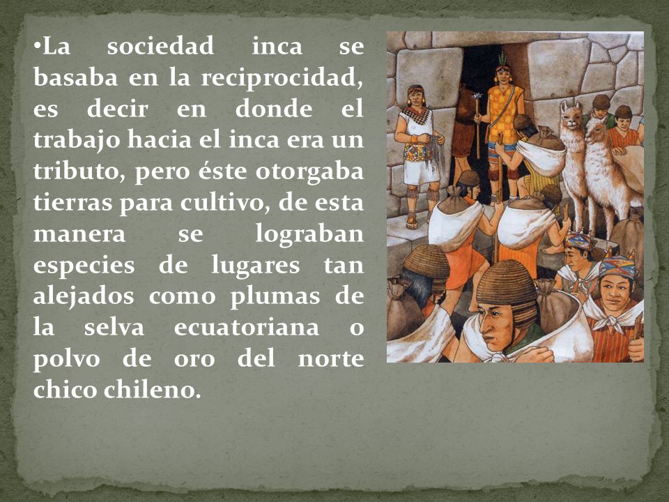 La sociedad inca se basaba en la reciprocidad, es decir en donde el trabajo hacia el inca era un tributo, pero éste otorgaba tierras para cultivo, de esta manera se lograban especies de lugares tan alejados como plumas de la selva ecuatoriana o polvo de oro del norte chico chileno.
