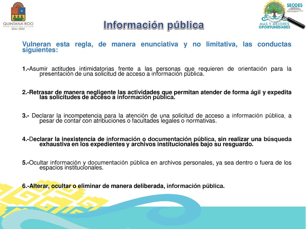 Información pública Vulneran esta regla, de manera enunciativa y no limitativa, las conductas siguientes: