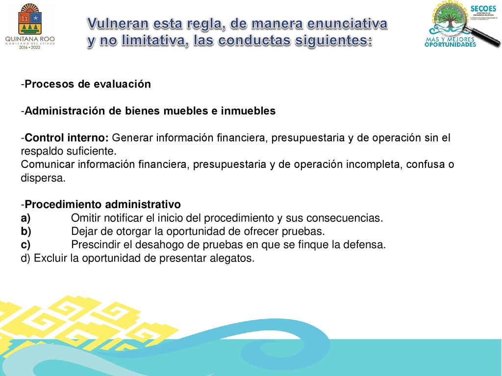 Vulneran esta regla, de manera enunciativa y no limitativa, las conductas siguientes: