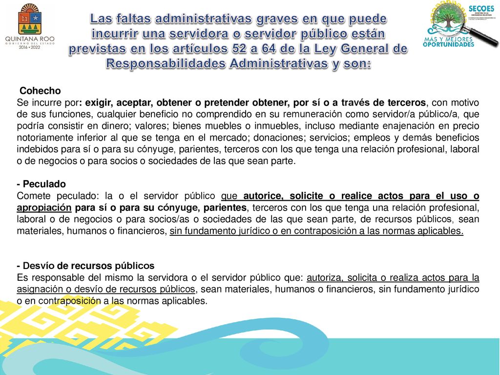 Las faltas administrativas graves en que puede incurrir una servidora o servidor público están previstas en los artículos 52 a 64 de la Ley General de Responsabilidades Administrativas y son: