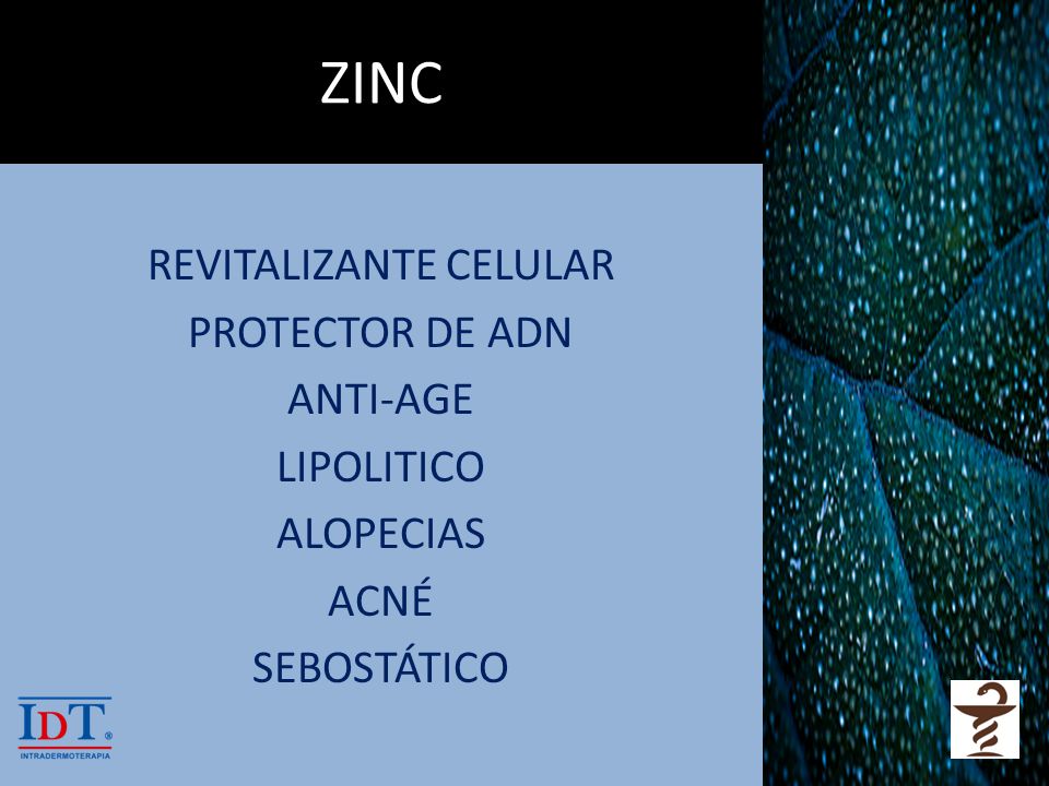 ZINC REVITALIZANTE CELULAR PROTECTOR DE ADN ANTI-AGE LIPOLITICO ALOPECIAS ACNÉ SEBOSTÁTICO